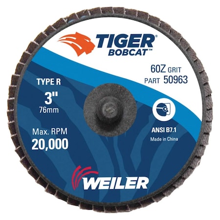 Weiler 3" BobCat Mini Abrasive Flap Disc, Flat (TY27), Type R Mount, 60Z 50963
